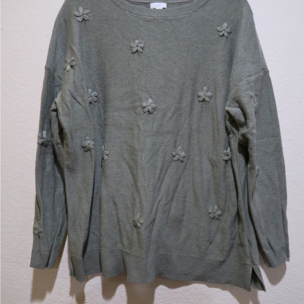 J. Jill Gray Crew Neck Sweater with Floral Accents